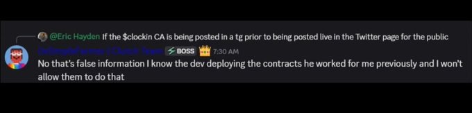 A Twitter exchange shows user @UnchartedRulers (Duck Team BOSS) responding to @Eric Hayden's question about whether the $CLOCKIN contract address would be posted in a Telegram group before going public on Twitter, with BOSS replying, "No that's false information I know the dev deploying the contracts he worked for me previously and I won't allow them to do that."