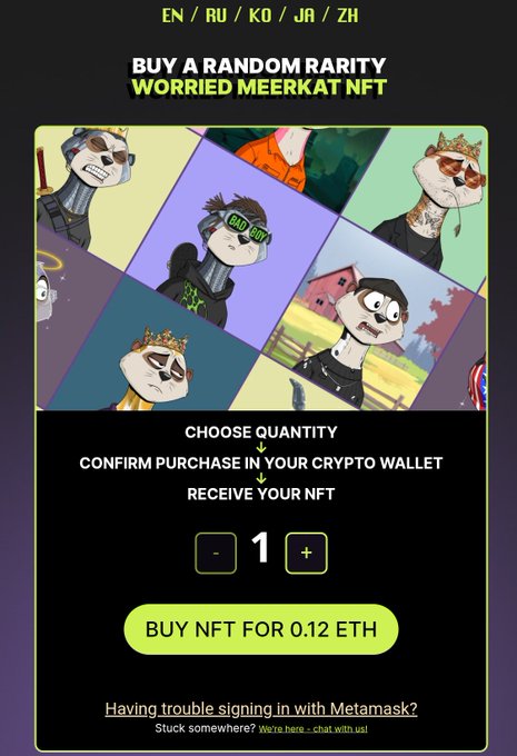 A mobile screen showing 'BUY A RANDOM RARITY WORRIED MEERKAT NFT' with a 'BUY NFT FOR 0.12 ETH' button.