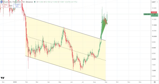The image shows a Chainlink/TetherUS (LINK/USDT) daily chart on Binance with a price surge to $12.07, highlighting a massive breakout from a descending channel pattern (shown in yellow) with an explosive green candle pushing the price above $12,000 levels. The post's "BOOOOOOOOM" and breakout celebration fits perfectly with the chart's dramatic upward move breaking out of the multi-month downward channel.
