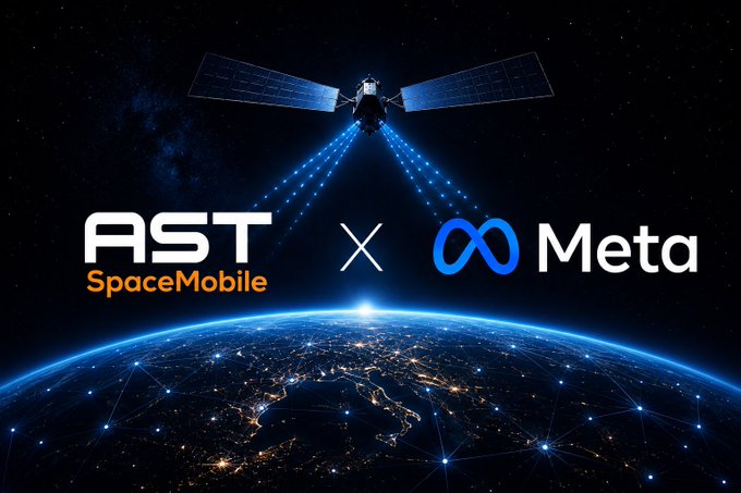 The image shows a satellite beaming connectivity down to Earth, with the logos "AST SpaceMobile" and "Meta" displayed side by side with an "X" between them, representing a partnership between the two companies. This visual reinforces the post's reminder about the collaboration between $ASTS and $META, likely in the context of developing direct-to-cell satellite communication technology.