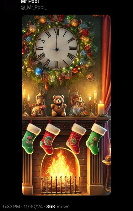 A festive Christmas scene featuring a decorated tree with a clock, lit candles, teddy bears, hanging stockings, and a roaring fireplace, shared by Mr Pool (@_Mr_Pool_).