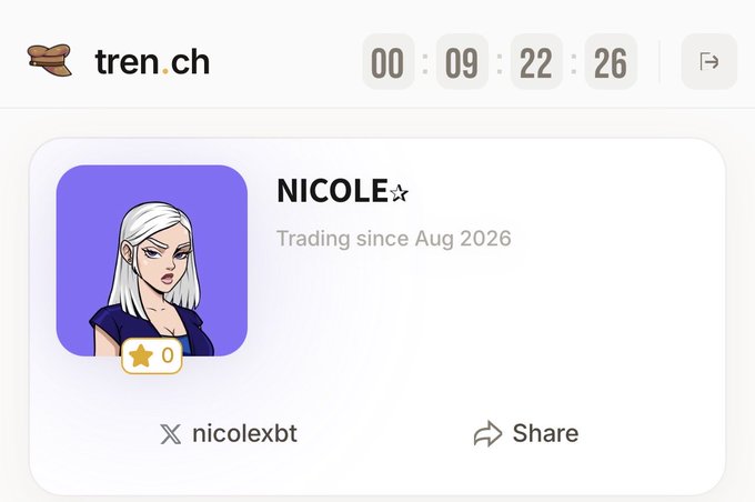 A profile page on tren.ch showing user 'NICOLE' with a star icon, 'Trading since Aug 2026', and Twitter handle 'nicolexbt', featuring an anime-style avatar of a white-haired character.