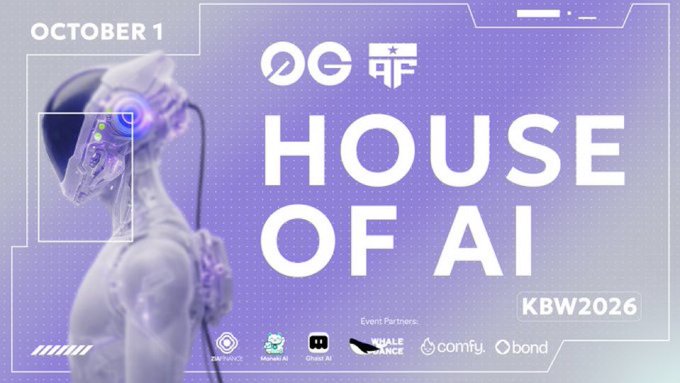 A promotional poster for 'HOUSE OF AI' at KBW2026 on October 1, featuring a futuristic figure with a robotic head and event partner logos including Zhipu, Marcelo AI, Whale Finance, Comfy, and Bond.