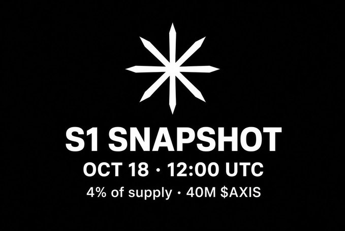 A black graphic featuring a white star/cross symbol with the text "S1 SNAPSHOT OCT 18 • 12:00 UTC" and "4% of supply · 40M $AXIS" below it.