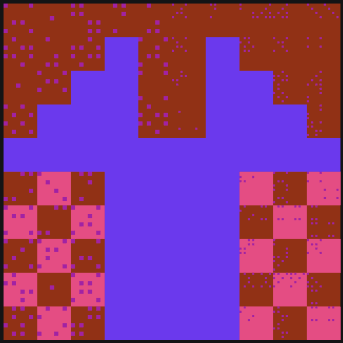 Pixel art image featuring a purple T-shaped figure against a brown background with scattered purple dots, standing above a pink and brown checkered floor pattern.