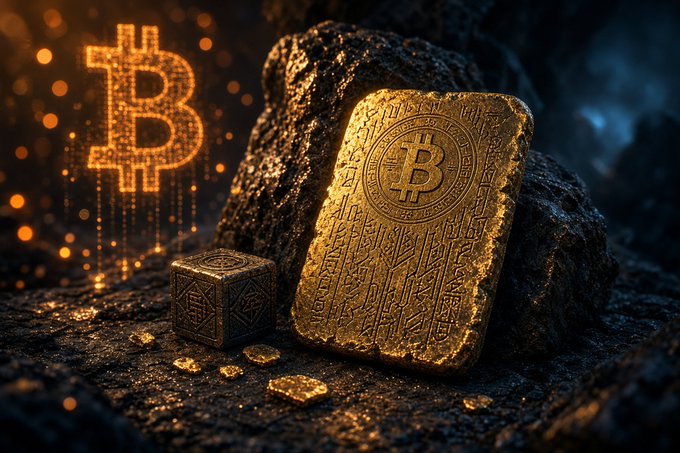 A digital artwork depicts a large golden Bitcoin bar and a smaller cube engraved with runic patterns, set against rocks with a glowing pixelated Bitcoin symbol in the background.