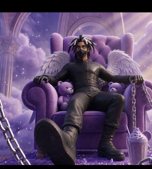 A digital illustration of a man with dreadlocks, wearing a black mask and leather outfit, sitting on a purple throne with white angel wings, accompanied by two purple teddy bears and chains in a purple cloudy setting.
