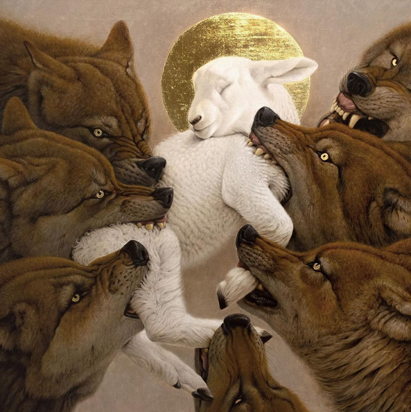 An illustration depicting a peaceful white lamb with a golden halo being surrounded and menaced by several snarling wolves.