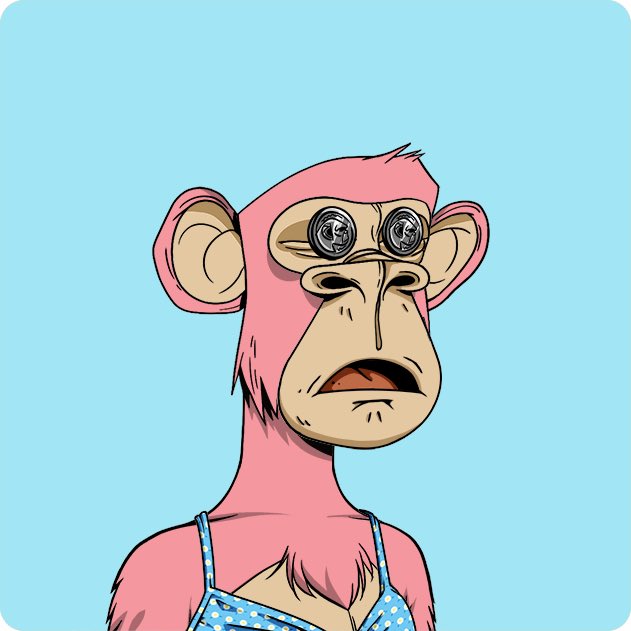 The image features a cartoon character, likely a monkey or a girl, wearing a blue dress with white polka dots. The character appears to be wearing sunglasses and has a pink face with eyes and nose. The background of the image is a light blue color that contrasts with the pink face and blue dress. There are also some coins scattered around the image, adding an element of whimsy or playfulness to the scene.
