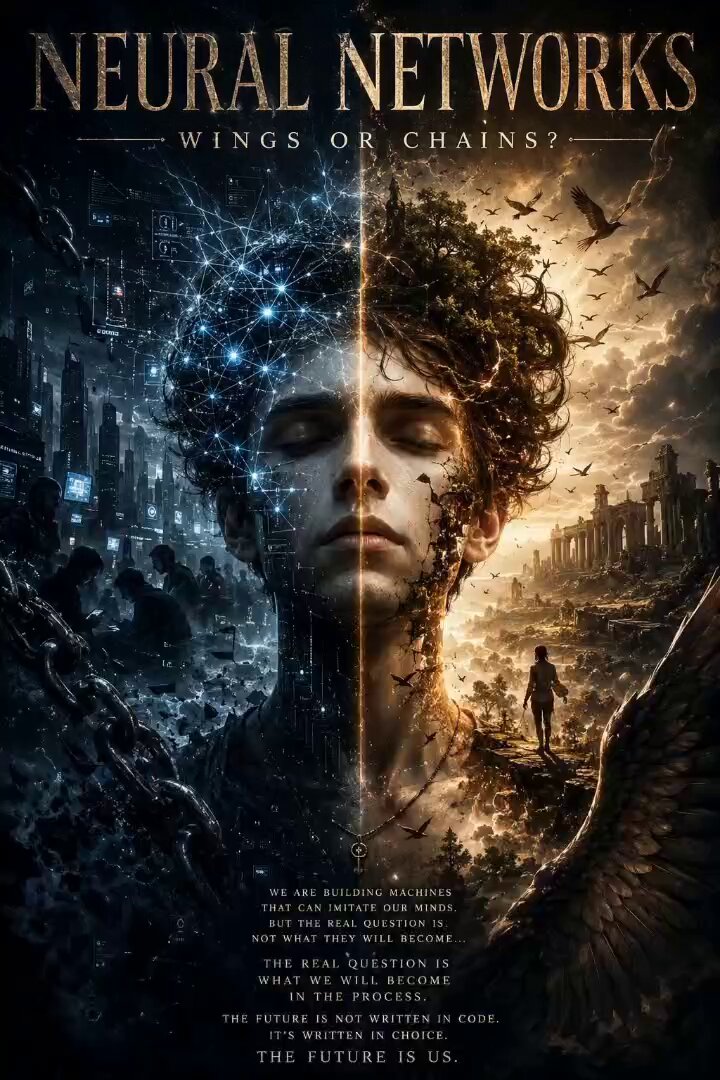 The image features a poster for "Neural Networks", which has two faces, one of an angel with wings and another of a person with no wings. The poster also includes text that reads "Wings or chains?". The background of the poster is dark, giving it a mysterious appearance. The poster's title is prominently displayed at the top in white letters, while the artist's name is written below in black letters.