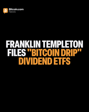 The image features a black background with white text that reads "Franklin Templeton Files 'Bitcoin DRIP' Dividend ETFs". The text is written in a serif font, giving it a formal appearance. The title of the post is also displayed in white text against the black background.