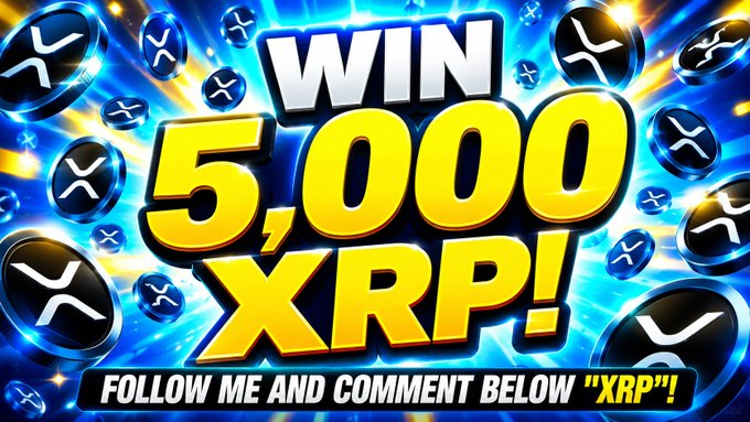 A vibrant promotional graphic featuring XRP coin logos and the bold text "WIN 5,000 XRP!" along with instructions to "FOLLOW ME AND COMMENT BELOW 'XRP'!", directly illustrating the giveaway post's call to action for participants to enter by following and commenting.