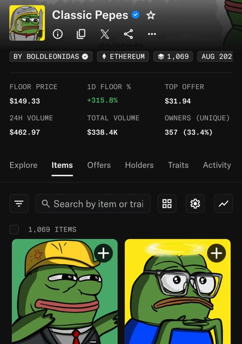 A screenshot of an NFT collection called 'Classic Pepes' by BOLDLEONIDAS on Ethereum, showing a floor price of $149.33 with +315.8% increase, featuring Pepe the Frog characters.