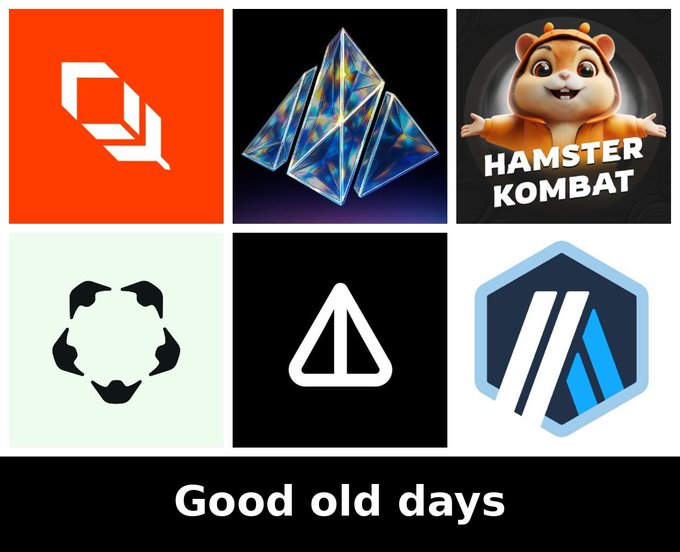 The image displays six crypto project logos—Manta Network, Cyber (or similar), Hamster Kombat, Ethscriptions, Notcoin, and a hexagon logo—with "Good old days" captioned below, referencing the nostalgic Tap-to-Earn era featuring projects like Hamster Kombat and Notcoin highlighted in the post.