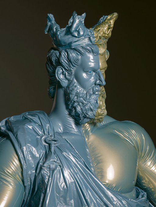 A 3D-rendered sculpture of a bearded figure with a crown is split down the middle, with the left side matte blue and the right side glossy gold against a dark background.