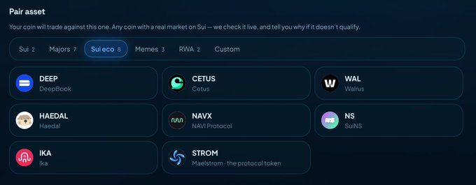 The image shows a "Pair asset" interface displaying cryptocurrency trading pairs on Sui, with categories including Sui (2), Majors (7), Sui eco (8), Memes (3), RWA (2), and Custom. STROM (Maelstrom: the protocol token) is listed among the available Sui eco assets alongside DEEP (DeepBook), CETUS (Cetus), WAL (Walrus), HAEDAL, NAVX (NAVI Protocol), NS (SuiNS), and IKA. The interface visually reinforces the post's announcement by showing STROM as an established pairing option on Maelstrom, supporting the call for more STROM pairs and liquidity.