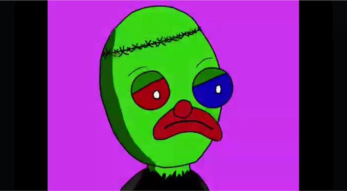 A digital illustration of a sad-looking clown-like character with a green head, red nose, and mismatched red and blue eyes on a magenta background.