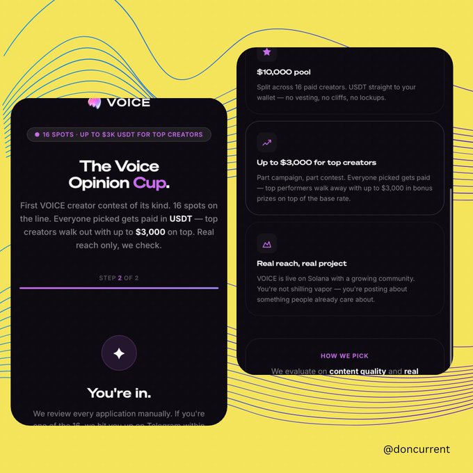 Promotional graphic for 'The Voice Opinion Cup' showing a mobile interface with details about a $10,000 prize pool split across 16 paid creators, up to $3,000 for top creators, and a confirmation message 'You're in.' from @doncurrent.