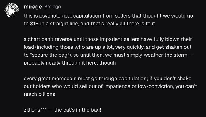A Discord message from user "mirage" discussing psychological capitulation among sellers of $ZCAT, arguing that impatient holders must be shaken out before the chart can reverse, and that memecoins must undergo capitulation to reach billions—ending with "zillions*** — the cat's in the bag!"