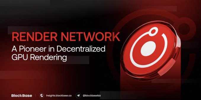 A promotional banner for 'RENDER NETWORK - A Pioneer in Decentralized GPU Rendering' featuring a red circular logo with a white swirl design on a dark red background.