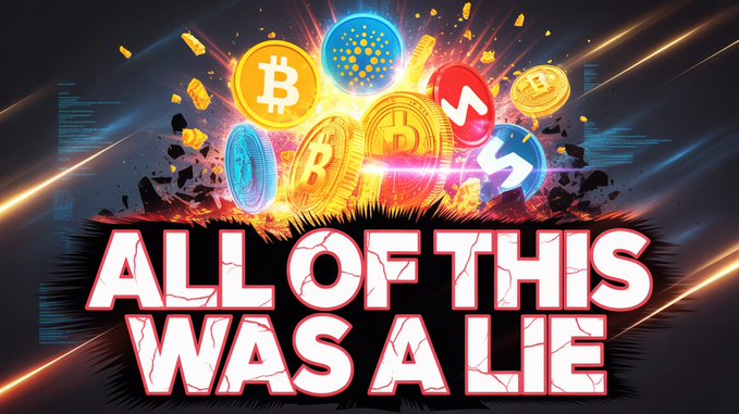 A dramatic graphic showing various cryptocurrency coins including Bitcoin and Cardano exploding with the bold text "ALL OF THIS WAS A LIE," visually reinforcing the video's provocative claim about an earth-shattering Cardano news story that suggests Bitcoin and Ethereum are about to shake.