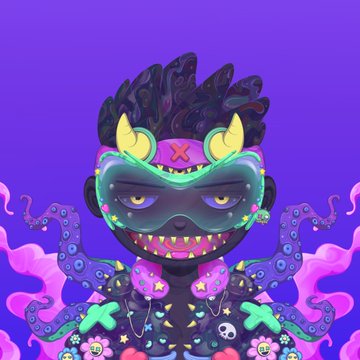A colorful cartoon character with an octopus-like lower body, wearing sunglasses and a purple cap with horns, is set against a purple background.