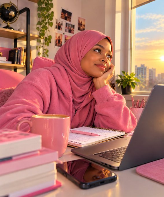 A woman wearing a pink hijab and pink sweater rests her chin on her hand while looking out a window, sitting at a desk with a laptop and pink accessories.