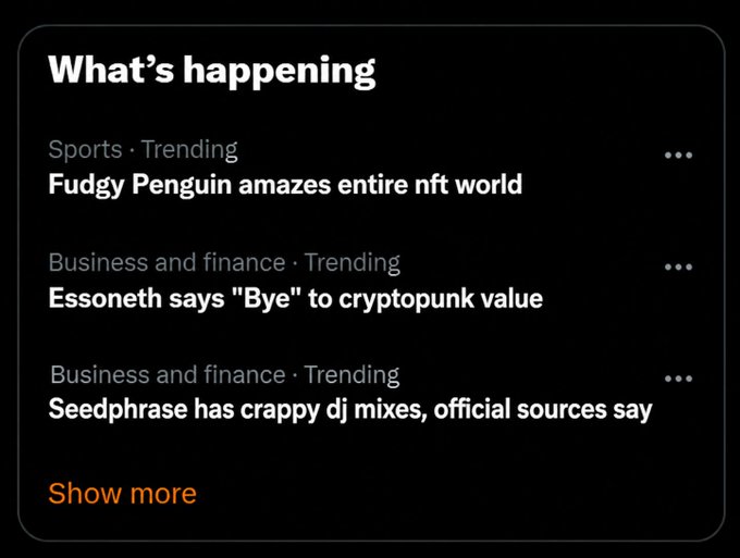 A dark-themed 'What's happening' trending feed displays headlines including 'Fudgy Penguin amazes entire nft world' under Sports and crypto-related stories under Business and finance.