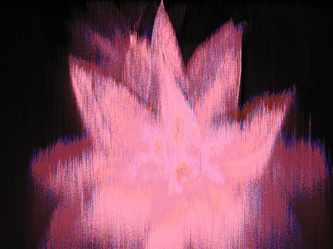 A glitchy, distorted digital artwork featuring a crown-like burst of pink and red colors with vertical streaking artifacts on a dark background. The corrupted, digital aesthetic reflects the generative NFT piece titled "cahuenga" by cutsdatflo, acquired on the objkt.com marketplace.
