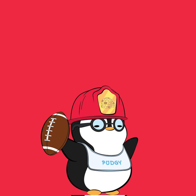 The image features a cartoon penguin standing upright with its arms outstretched, holding a football in one hand and wearing a red fireman's hat. The background is a vibrant red color that contrasts with the white text "So cheap that I couldn't resist adding to my list of @LilPudgys". This playful addition of the word "@LilPudgys" adds a humorous touch to the image, making it appear as if the penguin is promoting or celebrating LilPudgy.