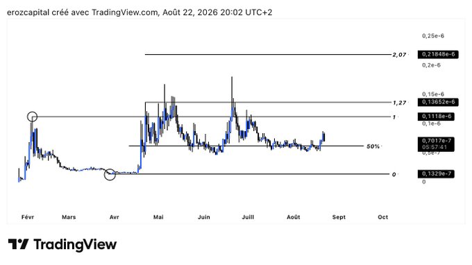 A TradingView chart of $WOJAK shows price action from February through October 2026, with key Fibonacci levels marked at 0, 0.1329e-7, 0.7017e-7 (50%), 0.1118e-6, 0.1365e-6 (1.27), and 0.2184e-6 (2.07), illustrating the token's post-capitulation recovery pattern with repeated tests of the 50% level as a pivot.