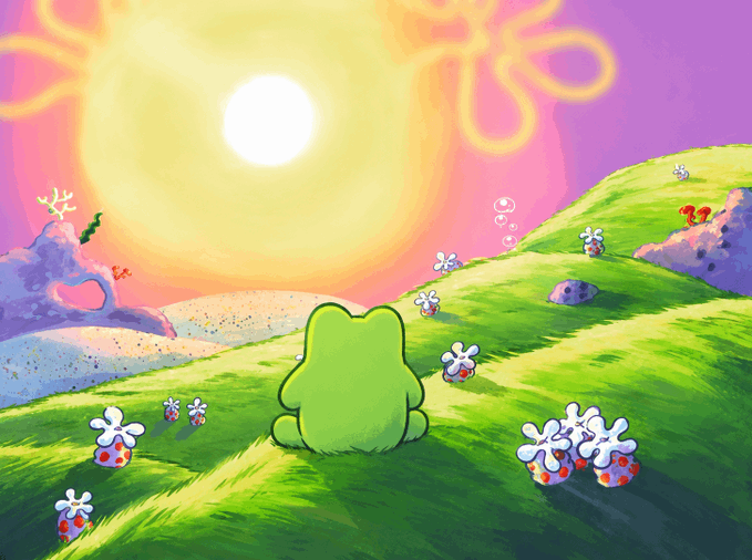 The image features a green frog sitting on top of a hill surrounded by flowers, with a sunset in the background. The caption above the image reads "gn.sol Solana may your transactions confirm fast your deployments work first try and your bugs remain someone else's problem". This message seems to be related to the post about the game "Solana" that was shared on social media platforms.