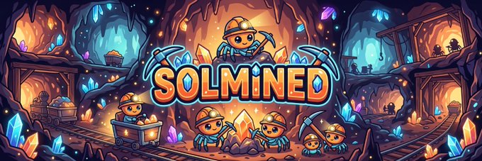 Colorful 'SOLMINED' logo featuring cartoon miners in a crystal cave with pickaxes, minecarts, and gems.