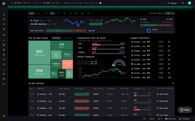 A cryptocurrency trading analytics dashboard showing Bitcoin (BTC) price at $6,498 with 43,054 wallets tracked, featuring a 'Fish' size filter, liquidation risk metrics, top open positions, and wallet performance data including Perp PnL figures.