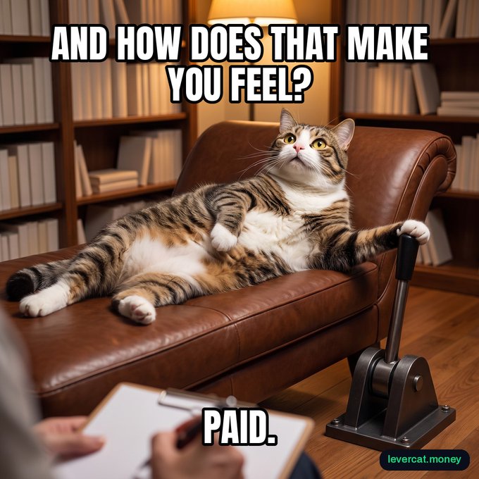 A meme shows a cat lounging comfortably on a brown leather therapist's couch with text reading 'AND HOW DOES THAT MAKE YOU FEEL?' at the top and 'PAID.' at the bottom, watermarked 'levercat.money'.