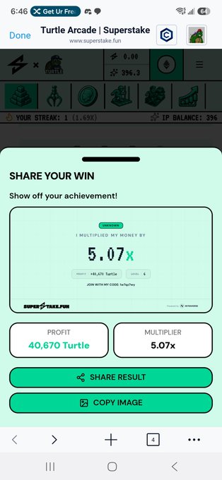 A mobile screenshot from the 'Turtle Arcade | Superstake' game on superstake.fun, displaying a 'Share Your Win' screen celebrating a 5.07x multiplier and a profit of 40,670 Turtle.
