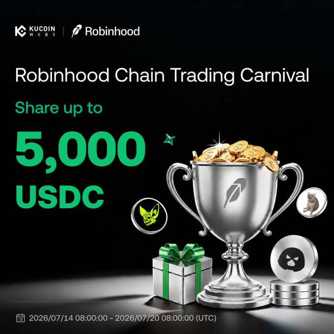 A promotional graphic for the "Robinhood Chain Trading Carnival" by KuCoin Web3 and Robinhood, offering a prize pool of up to 5,000 USDC, featuring a silver trophy overflowing with gold coins alongside meme coin icons. The event dates shown in the image (07/14 - 07/20) closely align with the Twitter post's timeline of 07/15 - 07/20 UTC for entry via follow, like, RT, and wallet submission.