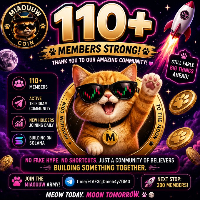 The image features an advertisement for a cat-themed event, with a cartoon cat wearing sunglasses and waving at the camera. The text on the poster highlights that there are 110+ members joining this community, which has grown into something bigger than just a group of people who share a common interest in cats. The poster also mentions building something together and encourages users to join the growing community.