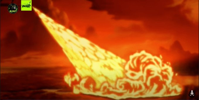 An animated scene depicting a flaming meteor or fiery object crashing down with a trail of fire against a red-orange sky, featuring a 'Rocket' logo in the top left corner.
