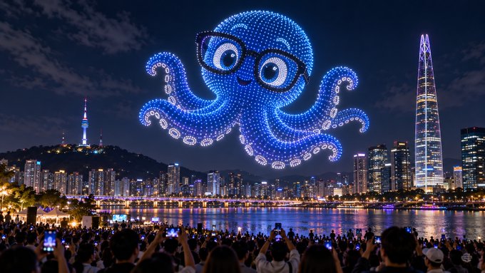 A nighttime cityscape over water features a large drone light display of a blue octopus wearing glasses, with crowds gathered on the shore and illuminated skyscrapers in the background.