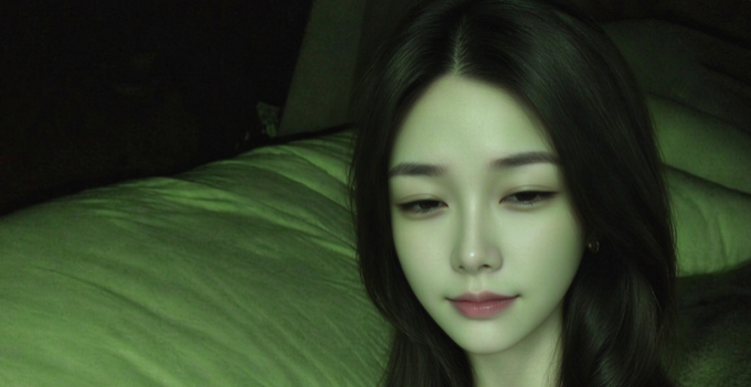A woman with long dark hair looks downward, filmed in low light with a greenish tint, appearing to be in a bedroom setting.