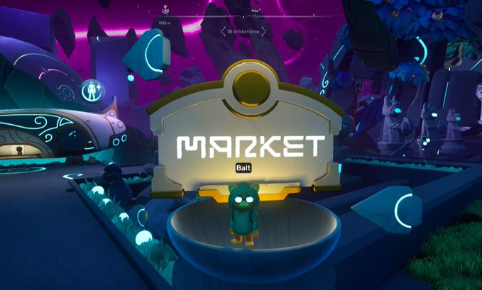 A screenshot from a 3D video game showing a stylized, colorful alien landscape with a glowing 'MARKET' sign above a small green owl-like character.