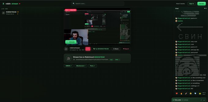 A screenshot of a Robin Stream website showing a live stream interface with a chat sidebar and video player.