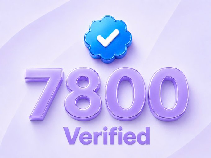 A 3D-rendered graphic displaying a blue verification checkmark badge with the number '7800' and the word 'Verified' below it on a purple gradient background.
