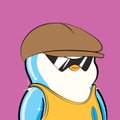 The image features a cartoon penguin wearing sunglasses, a brown hat, and a yellow shirt. The penguin appears to be standing against a pink background with a purple border. There are no texts or other objects present in the image.