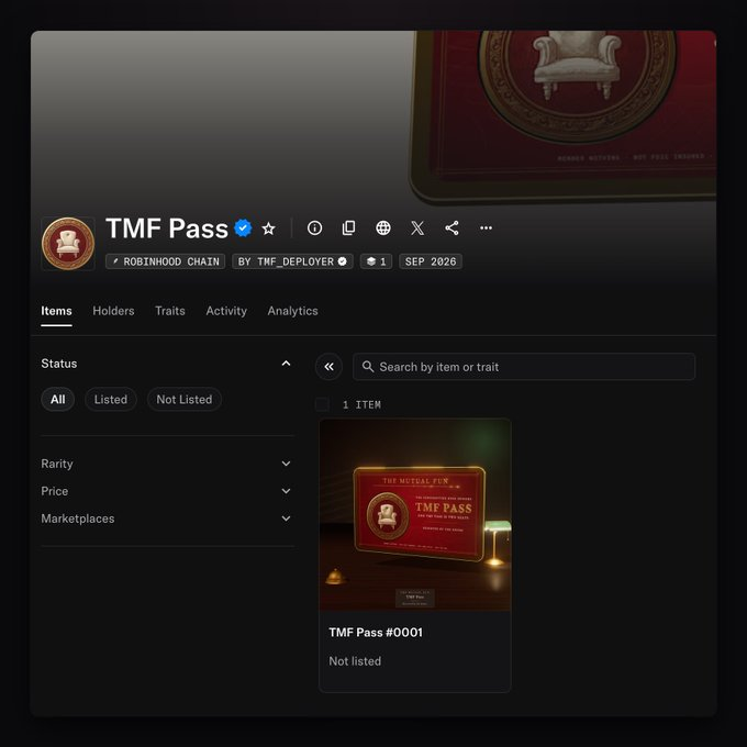 A dark-themed NFT marketplace page displaying a 'TMF Pass' collection on the Robinhood Chain by TMF_DEPLOYER, featuring one item: 'TMF Pass #0001' which is not listed.