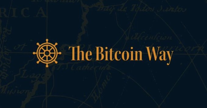 The image features a logo for The Bitcoin Way, which is an online platform that teaches people about Bitcoin and cryptocurrency. The logo includes a map of the world with a compass rose at its center, symbolizing the global nature of Bitcoin. The word "bitcoin" is written in large orange letters above the compass rose, indicating the focus on Bitcoin as the main subject of the website.