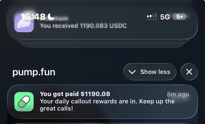 A smartphone notification from pump.fun shows a payment of $1190.08 in USDC for "daily callout rewards," with the user referencing @Pumpfun in their caption to highlight their earnings.
