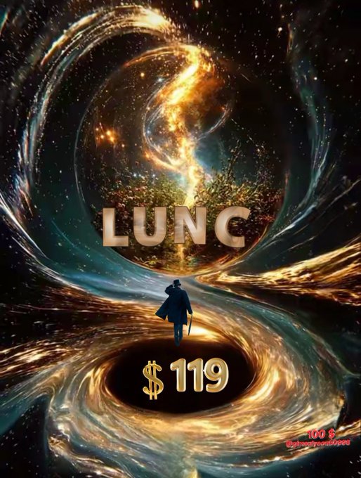 A promotional poster featuring the text "LUNC" and "$119" against a cosmic swirl background with a silhouetted figure standing near a black hole, with "LU8" visible in the corner.