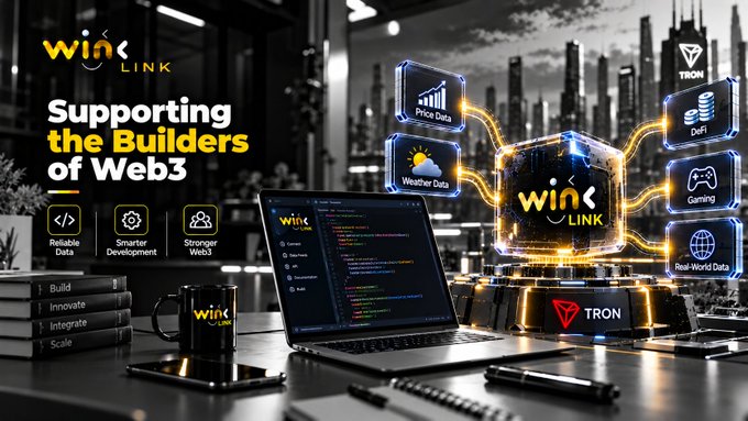 A promotional graphic features the text 'WINK LINK Supporting the Builders of Web3' alongside a laptop displaying code, various tech icons (Price Data, Weather Data, DeFi, Gaming, Real-World Data), and the TRON logo.